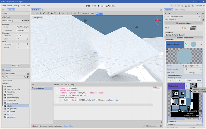 a screenshot of the scene with shader in action. UV rectangle is filled out by hand in Inspector