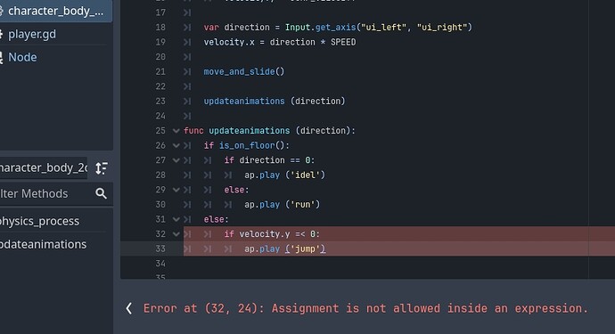 assignment is not allowed inside an expression godot