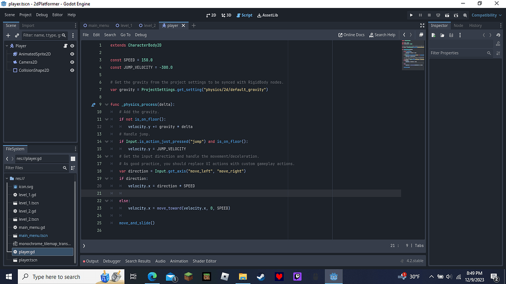 My player won't move in a single scene, help! - Help - Godot Forum