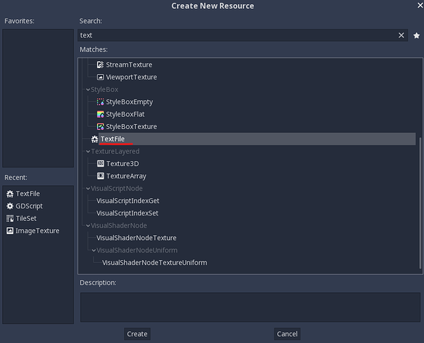 new resource panel, with TextFile selected