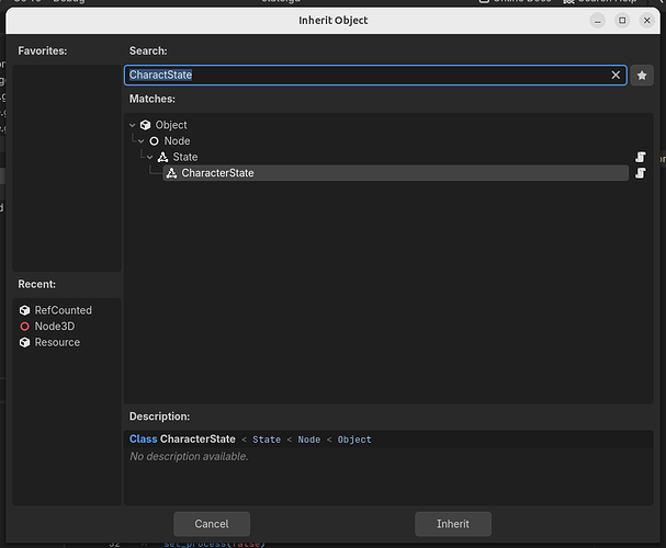 Inherit Object window showing that Godot recognizes my desired parent class as a class