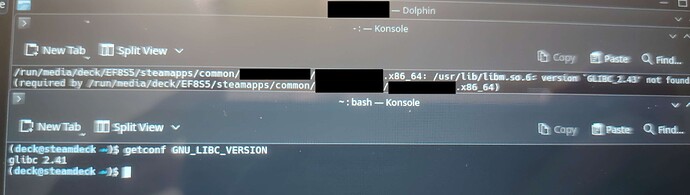 Terminal outputs from running the game executable in Konsole, and fetching the glibc version bundled with SteamOS in a separate window.