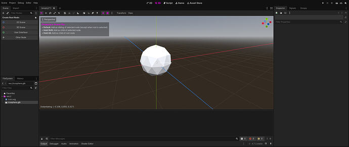 A screen in Godot, showing an icosphere being dragged into the scene.