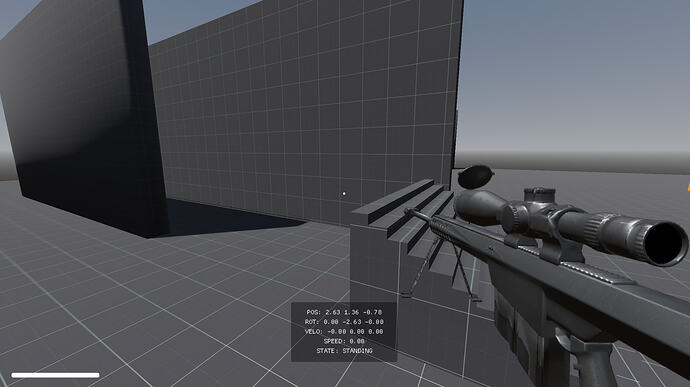 The gun is rendered in a SubViewportContainer and is noticeably lower resolution than the rest of the scene