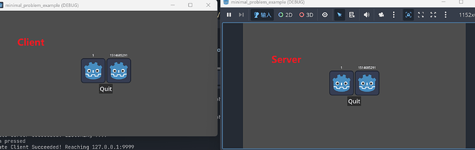 Fig. 3. Side to Side view of Client and Server, you can see the client player and server player gets successfully spawned on both parts through MultiplayerSpawner.