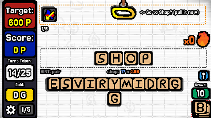 image that shows the normal main game, but theres a pullable thing at the top of the screen that has the text "<- Go To Shop? (pull it now)" to the right of it.