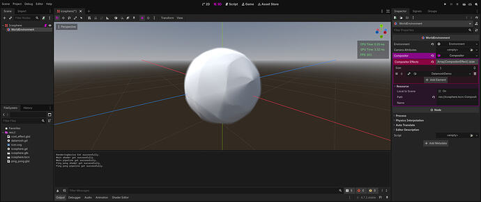 The Godot editor, but the icosphere in the main viewport is all blurry.