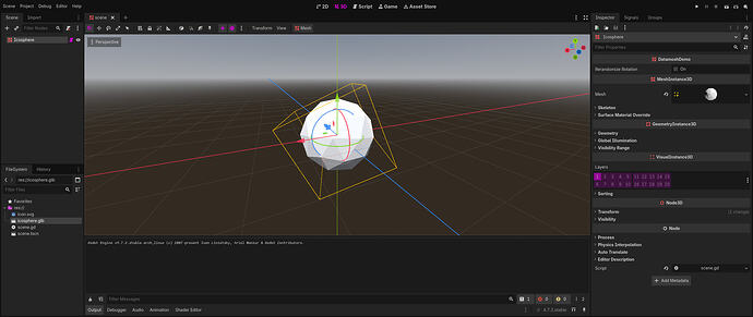 The same Godot screen as above, except the icosphere is now rotated.