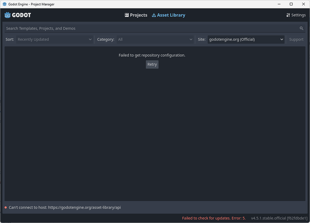 Failed To Check For Updates - Help - Godot Forum