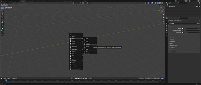 A screen in Blender, showing the "add" menu, hovering over "Mesh" and then "Ico Sphere".