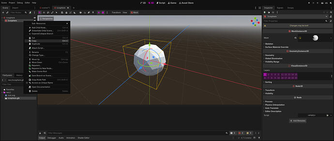 A screen in Godot, showing an icosphere scene, with a parent Node3D and a child MeshInstance3D called "icosphere". A menu is shown, with the option "Copy (Ctrl + C)" highlighted.