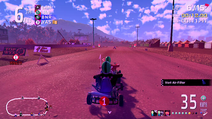 A screenshot showing the player rear-ending another kart and receiving a penalty.