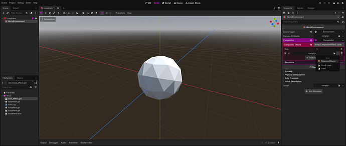 The Godot editor, with the same WorldEnvironent node selected, but this time there is an empty element in the compositor effects array. It is also ready to create a DatamoshDemo effect.