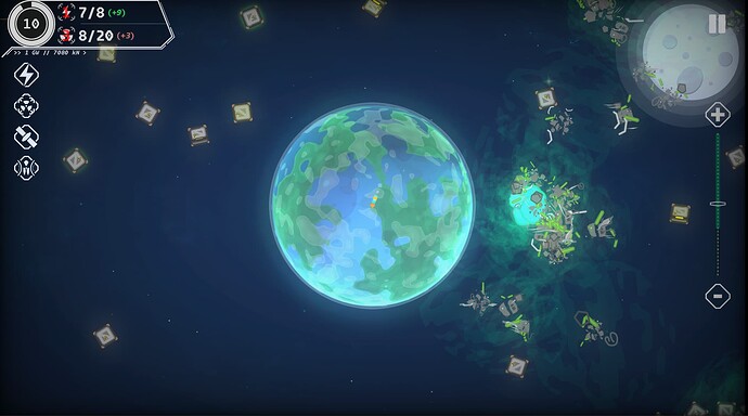Screenshot of Waste No Space - a Planet in the middle of the screen, glowing slightly green. Surrounding the planet are toxic waste boxes in space.