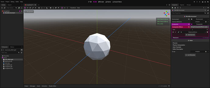 The Godot editor, same as the previous image, but the effect is added. There is no change in the main viewport.
