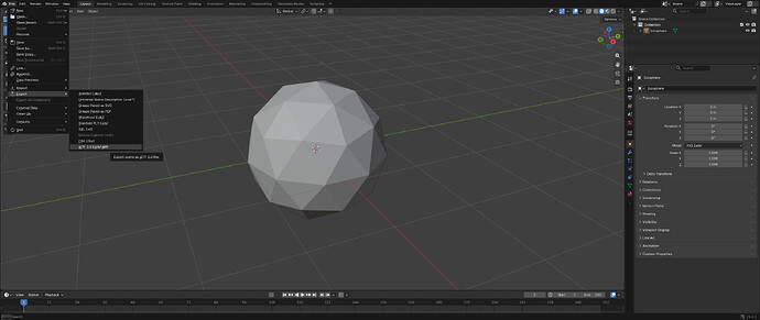A screen in Blender, showing the "File" menu, highlighting "Export" and then "gltf 2.0 (.glb/.gltf)".