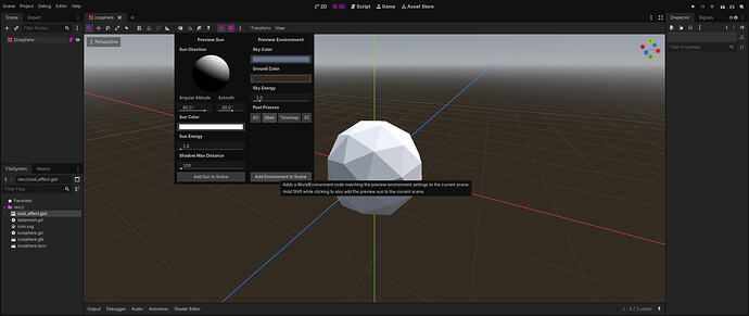 The Godot editor, showing the environment and sun option. The button to "Add Environment to Scene" is highlighted.