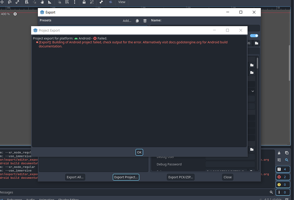 Export: Building of Android project failed, check output for the error ...