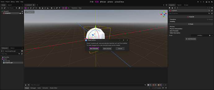 A screen in Godot, showing an icosphere scene, with a parent Node3D and a child MeshInstance3D called "icosphere". A message on the screen reads "Scene 'icosphere.glb' was automatically imported, so it can't be modified. To make changes to it, a new inherited scene can be created.", with the options "New Inherited", which is highlighted, "Open Anyway", and "Cancel".