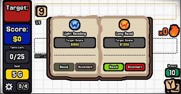 A open book with beige-ish pages and a dark brown cover. The book is shown in front with the regular game in the background.  The left page has a blue circular icon with a darker blue W in the center of the icon. Below the blue icon, the left page has the title “Light Reading”. Below the title text it says “Target Score: 00.”  The right page has an orange circular icon that imitates the fire’s colors. It also has a red (with a little orange) W in the center of the icon. Below the orange icon, the right page has the title “Long Reading”. Below the title text it says “Target Score: image200.”