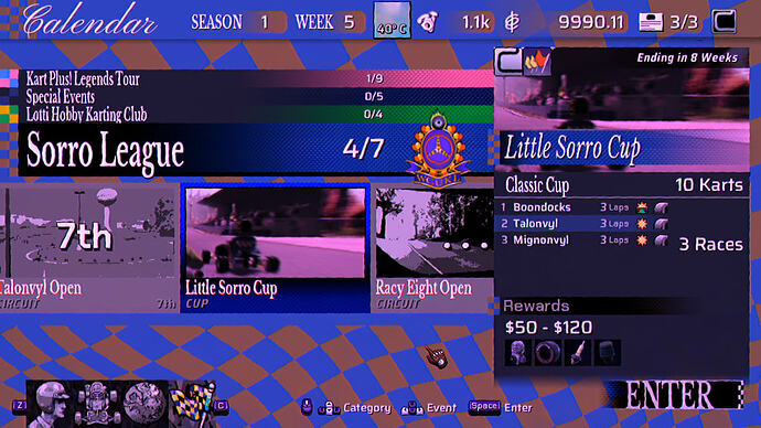 Race calendar with cup preview info.