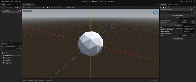 The Godot editor, with a WorldEnvironment node selected. On the right, in the inspector, the compositor property is highlighted, specifically to create a new compositor.