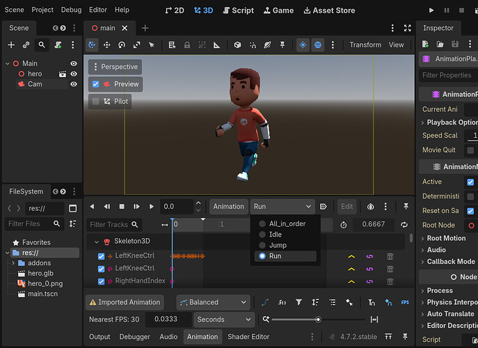 The merged .glb in Godot 4.7: one AnimationPlayer with every clip