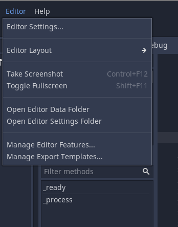 Menu that appears when clicking "Editor" from the top menu, showing "Editor Settings"