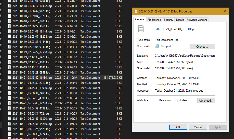 Godot creating a 125GB log file