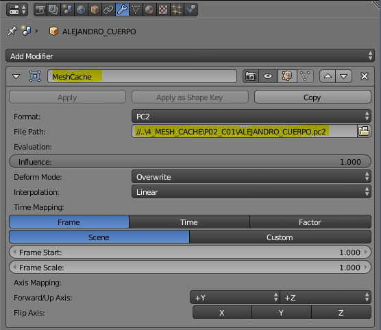 Mesh Cache Modifier applied to character loading a PC2 file inside Blender