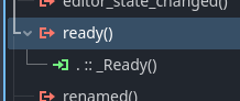 A screenshot showing a _Ready() method connected to the ready() signal in the node signals view.